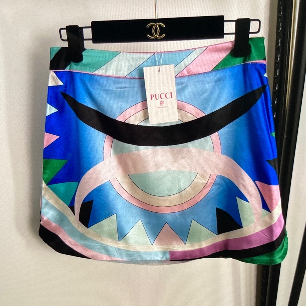 Emilio Pucci Blue, Pink & Green Graphic Silk Mini Skirt